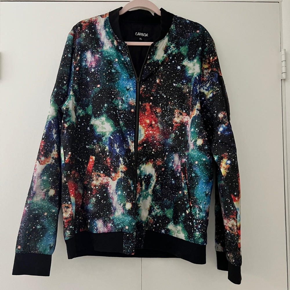 CARSON‎ Galaxy Space Print Bomber Jacket XL Black Blue Red Green Zip Up